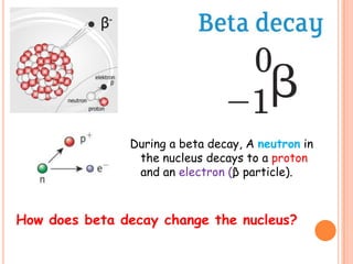 During a beta decay, A neutron in
                the nucleus decays to a proton
                and an electron (β particle).



How does beta decay change the nucleus?
 