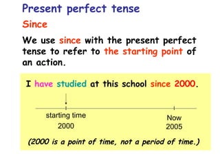 Since
We use since with the present perfect
tense to refer to the starting point of
an action.
I have studied at this school since 2000.
(2000 is a point of time, not a period of time.)
Now
2005
starting time
2000
Present perfect tense
 