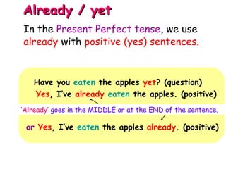 Already / yetAlready / yet
Have you eaten the apples yet? (question)
Yes, I’ve already eaten the apples. (positive)
‘Already’ goes in the MIDDLE or at the END of the sentence.
or Yes, I’ve eaten the apples already. (positive)
In the Present Perfect tense, we use
already with positive (yes) sentences.
 