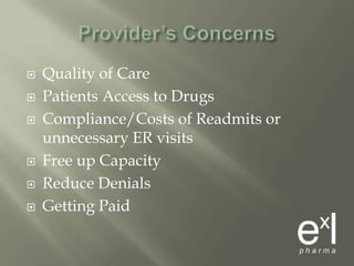 Provider’s Concerns<br />Quality of Care<br />Patients Access to Drugs<br />Compliance/Costs of Readmits or unnecessary ER...