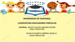 UNIVERSIDAD DE GUAYAQUIL
LICENCIATURA EDUCADORES PÁRVULOS
AUTORAS: GRACE PAULINA AMPUERO DECKER
Cédula: 0916271349
DIANA ELIZABETH HERRERA CRIOLLO
Cédula: 0802631358
 