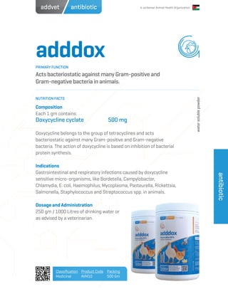 A Jordanian Animal Health Organization
adddox
Acts bacteriostatic against many Gram-positive and
Gram-negative bacteria in animals.
Composition
Each 1 gm contains:
Doxycycline cyclate		 500 mg
Doxycycline belongs to the group of tetracyclines and acts
bacteriostatic against many Gram-positive and Gram-negative
bacteria. The action of doxycycline is based on inhibition of bacterial
protein synthesis.
Indications
Gastrointestinal and respiratory infections caused by doxycycline
sensitive micro-organisms, like Bordetella, Campylobacter,
Chlamydia, E. coli, Haemophilus, Mycoplasma, Pasteurella, Rickettsia,
Salmonella, Staphylococcus and Streptococcus spp. in animals.
Dosage and Administration
250 gm / 1000 Litres of drinking water or
as advised by a veterinarian.
PRIMARY FUNCTION
NUTRITION FACTS
Classification
Medicinal
Product Code
AVM10
Packing
500 Gm
antibiotic
antibioticaddvet
watersolublepowder
 