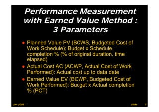Performance Measurement
       with E
        ith Earned V l
                 d Value Method :
                         M th d
              3 Parameters
      ● Planned Value PV (BCWS Budgeted Cost of
                           (BCWS,
        Work Schedule): Budget x Schedule
        completion % ( of original duration, time
            p        (%       g             ,
        elapsed)
      ● Actual Cost AC (ACWP, Actual Cost of Work
                       (       ,
        Performed): Actual cost up to data date
      ● Earned Value EV (BCWP, Budgeted Cost of
                         (       ,     g
        Work Performed): Budget x Actual completion
        % (PCT)

Jan 2008                                         Slide   7
 