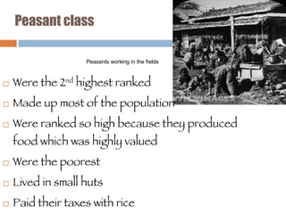 Peasant class Were the 2 nd  highest ranked Made up most of the population Were ranked so high because they produced food which was highly valued Were the poorest Lived in small huts Paid their taxes with rice Peasants working in the fields 