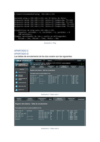 Ilustración 3. Ping
APARTADO C
APARTADO D
Las tablas de enrutamiento de los dos routers son las siguientes:
Ilustración 4. Tabla rutas 1
Ilustración 5. Tabla rutas 2
 