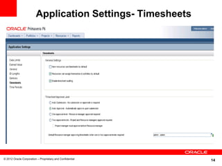 Application Settings- Timesheets




© 2012 Oracle Corporation – Proprietary and Confidential
                                                            14
 