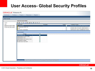 User Access- Global Security Profiles




© 2012 Oracle Corporation – Proprietary and Confidential
                                                           32
 
