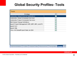 Global Security Profiles- Tools




© 2012 Oracle Corporation – Proprietary and Confidential
                                                             38
 