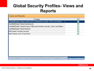 Global Security Profiles- Views and
                                  Reports




© 2012 Oracle Corporation – Proprietary and Confidential
                                                           39
 