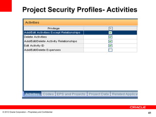 Project Security Profiles- Activities




© 2012 Oracle Corporation – Proprietary and Confidential
                                                              41
 