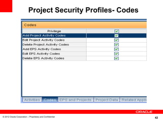 Project Security Profiles- Codes




© 2012 Oracle Corporation – Proprietary and Confidential
                                                              42
 