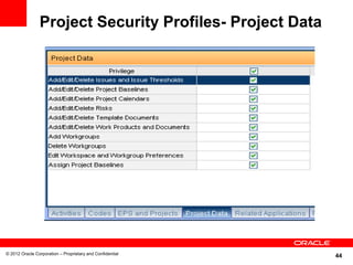 Project Security Profiles- Project Data




© 2012 Oracle Corporation – Proprietary and Confidential
                                                           44
 