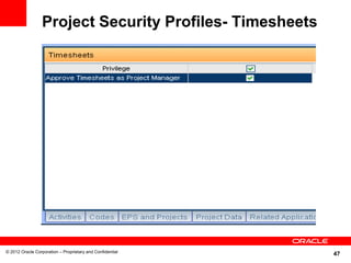 Project Security Profiles- Timesheets




© 2012 Oracle Corporation – Proprietary and Confidential
                                                           47
 