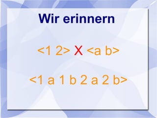 Wir erinnern
<1 2> X <a b>
<1 a 1 b 2 a 2 b>
 