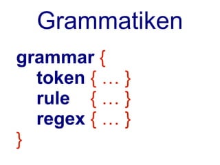 Grammatiken
grammar {
  token { … }
  rule { … }
  regex { … }
}
 