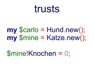 Twigils
.     öffentliche A.
!     private A.
^     pos. auto para.
:     ben. Auto para.
*     globale
?     compiler info
=     POD
~     sublang
 