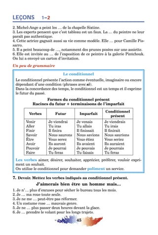 45
LEÇONS 1–2
2. Michel-Ange a peint les … de la chapelle Sixtine.
3. Les experts pensent que c’est tableau est un faux. La … du peintre ne leur
paraît pas authentique.
4. Cette actrice gagnait aussi sa vie comme modèle. Elle … pour Camille Pis-
sarro.
5. Il a peint beaucoup de …, notamment des prunes posées sur une assiette.
6. Elle est invitée au … de l’exposition de ce peintre à la galerie Pintchouk.
On lui a envoyé un carton d’invitation.
Un peu de grammaire
Le conditionnel
Le conditionnel présente l’action comme éventuelle, imaginaire ou encore
dépendant d’une condition (phrases avec si).
Dans la concordance des temps, le conditionnel est un temps et il exprime
le futur du passé.
Formes du conditionnel présent
Racines du futur + terminaisons de l’imparfait
Verbes Futur Imparfait
Conditionnel
présent
Venir
Aller
Finir
Savoir
Être
Avoir
Pouvoir
Faire
Je viendrai
Tu iras
Il finira
Nous saurons
Vous serez
Ils auront
Je pourrai
Tu feras
Je venais
Tu allais
Il finissait
Nous savions
Vous étiez
Ils avaient
Je pouvais
Tu faisais
Je viendrais
Tu irais
Il finirait
Nous saurions
Vous seriez
Ils auraient
Je pourrais
Tu feras
Les verbes aimer, désirer, souhaiter, apprécier, préférer, vouloir expri-
ment un souhait.
On utilise le conditionnel pour demander poliment un service.
7. Devoir. Mettez les verbes indiqués au conditionnel présent.
J’aimerais bien être un homme mais…
1. Je n’… plus d’excuses pour sécher le bureau tous les mois.
2. Je … ma roue toute seule.
3. Je ne me … peut-être pas réformer.
4. Un costume rose … mauvais genre.
5. Je ne … plus passer deux heures devant la glace.
6. Je … prendre le volant pour les longs trajets.
 