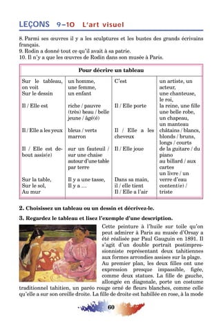 60
LEÇONS 9–10 L’art visuel
8. Parmi ses œuvres il y a les sculptures et les bustes des grands écrivains
français.
9. Rodin a donné tout ce qu’il avait à sa patrie.
10. Il n’y a que les œuvres de Rodin dans son musée à Paris.
Pour décrire un tableau
Sur le tableau,
on voit
Sur le dessin
Il / Elle est
Il / Elle a les yeux
Il / Elle est de-
bout assis(e)
Sur la table,
Sur le sol,
Au mur
un homme,
une femme,
un enfant
riche / pauvre
(très) beau / belle
jeune / âgé(é)
bleus / verts
marron
sur un fauteuil /
sur une chaise
autour d’une table
par terre
Il y a une tasse,
Il y a …
C’est
Il / Elle porte
Il / Elle a les
cheveux
Il / Elle joue
Dans sa main,
il / elle tient
Il / Elle a l’air
un artiste, un
acteur,
une chanteuse,
le roi,
la reine, une fille
une belle robe,
un chapeau,
un manteau
châtains / blancs,
blonds / bruns,
longs / courts
de la guitare / du
piano
au billard / aux
cartes
un livre / un
verre d’eau
content(e) /
triste
2. Choisissez un tableau ou un dessin et décrivez-le.
3. Regardez le tableau et lisez l’exemple d’une description.
Cette peinture à l’huile sur toile qu’on
peut admirer à Paris au musée d’Orsay a
été réalisée par Paul Gauguin en 1891. Il
s’agit d’un double portrait postimpres-
sionniste représentant deux tahitiennes
aux formes arrondies assises sur la plage.
Au premier plan, les deux filles ont une
expression presque impassible, figée,
comme deux statues. La fille de gauche,
allongée en diagonale, porte un costume
traditionnel tahitien, un paréo rouge orné de fleurs blanches, comme celle
qu’elle a sur son oreille droite. La fille de droite est habillée en rose, à la mode
 