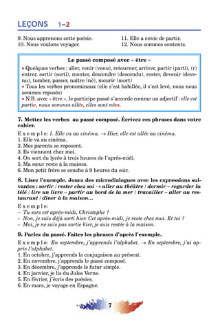 7
LEÇONS 1–2
9. Nous apprenons cette poésie. 11. Elle a envie de partir.
10. Nous voulons voyager. 12. Nous sommes contents.
Le passé composé avec « être »
• Quelques verbes : aller, venir (venu), retourner, arriver, partir (parti), (r)
entrer, sortir (sorti), monter, descendre (descendu), rester, devenir (deve-
nu), tomber, passer, naître (né), mourir (mort)
• Tous les verbes pronominaux (elle s’est habillée, il s’est levé, nous nous
sommes reposés)
• N.B. avec « être », le participe passé s’accorde comme un adjectif : elle est
partie, nous sommes allés, elles sont nées.
7. Mettez les verbes au passé composé. Écrivez ces phrases dans votre
cahier.
E x e m p l e: 1. Elle va au cinéma. → Hier, elle est allée au cinéma.
1. Elle va au cinéma.
2. Mes parents se reposent.
3. Ils viennent chez moi.
4. On sort du lycée à trois heures de l’après-midi.
5. Ma sœur reste à la maison.
6. Mon petit frère se couche à 9 heures du soir.
8. Lisez l’exemple. Jouez des microdialogues avec les expressions sui-
vantes : sortir / rester chez soi → aller au théâtre / dormir – regarder la
télé / lire un livre – partir au bord de la mer / travailler – aller au res-
taurant / dîner à la maison…
E x e m p l e:
– Tu sors cet après-midi, Christophe ?
– Non, je suis déjà sorti hier. Cet après-midi, je reste chez moi. Et toi ?
– Moi, je ne suis pas sortie hier, je suis restée à la maison.
9. Parlez du passé. Faites les phrases d’après l’exemple.
E x e m p l e: En septembre, j’apprends l’alphabet. → En septembre, j’ai ap-
pris l’alphabet.
1. En octobre, j’apprends la conjugaison au présent.
2. En novembre, j’apprends le passé composé.
3. En décembre, j’apprends le futur simple.
4. En janvier, je lis du Jules Verne.
5. En février, j’écris des poésies.
6. En mars, je voyage en Espagne.
 