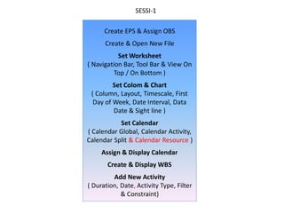 Create EPS & Assign OBS
Create & Open New File
Set Worksheet
( Navigation Bar, Tool Bar & View On
Top / On Bottom )
Set Colom & Chart
( Column, Layout, Timescale, First
Day of Week, Date Interval, Data
Date & Sight line )
Set Calendar
( Calendar Global, Calendar Activity,
Calendar Split & Calendar Resource )
Assign & Display Calendar
Create & Display WBS
Add New Activity
( Duration, Date, Activity Type, Filter
& Constraint)
SESSI-1
 