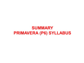 SUMMARY
PRIMAVERA (P6) SYLLABUS
 