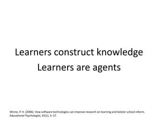 Learners construct knowledge
Learners are agents
Winne, P. H. (2006). How software technologies can improve research on learning and bolster school reform.
Educational Psychologist, 41(1), 5–17.
 
