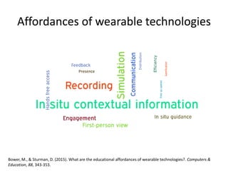 Affordances of wearable technologies
Bower, M., & Sturman, D. (2015). What are the educational affordances of wearable technologies?. Computers &
Education, 88, 343-353.
 