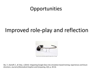Opportunities
Wu, T., Dameff, C., & Tully, J. (2014). Integrating Google Glass into simulation-based training: experiences and future
directions. Journal of Biomedical Graphics and Computing, 4(2), p. 49-54.
Improved role-play and reflection
https://commons.wikimedia.org/wiki/File:Google_Glass_Front.jpg
 