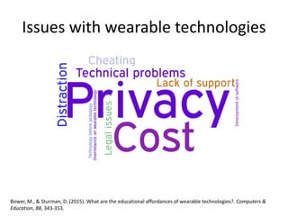 Issues with wearable technologies
Bower, M., & Sturman, D. (2015). What are the educational affordances of wearable technologies?. Computers &
Education, 88, 343-353.
 