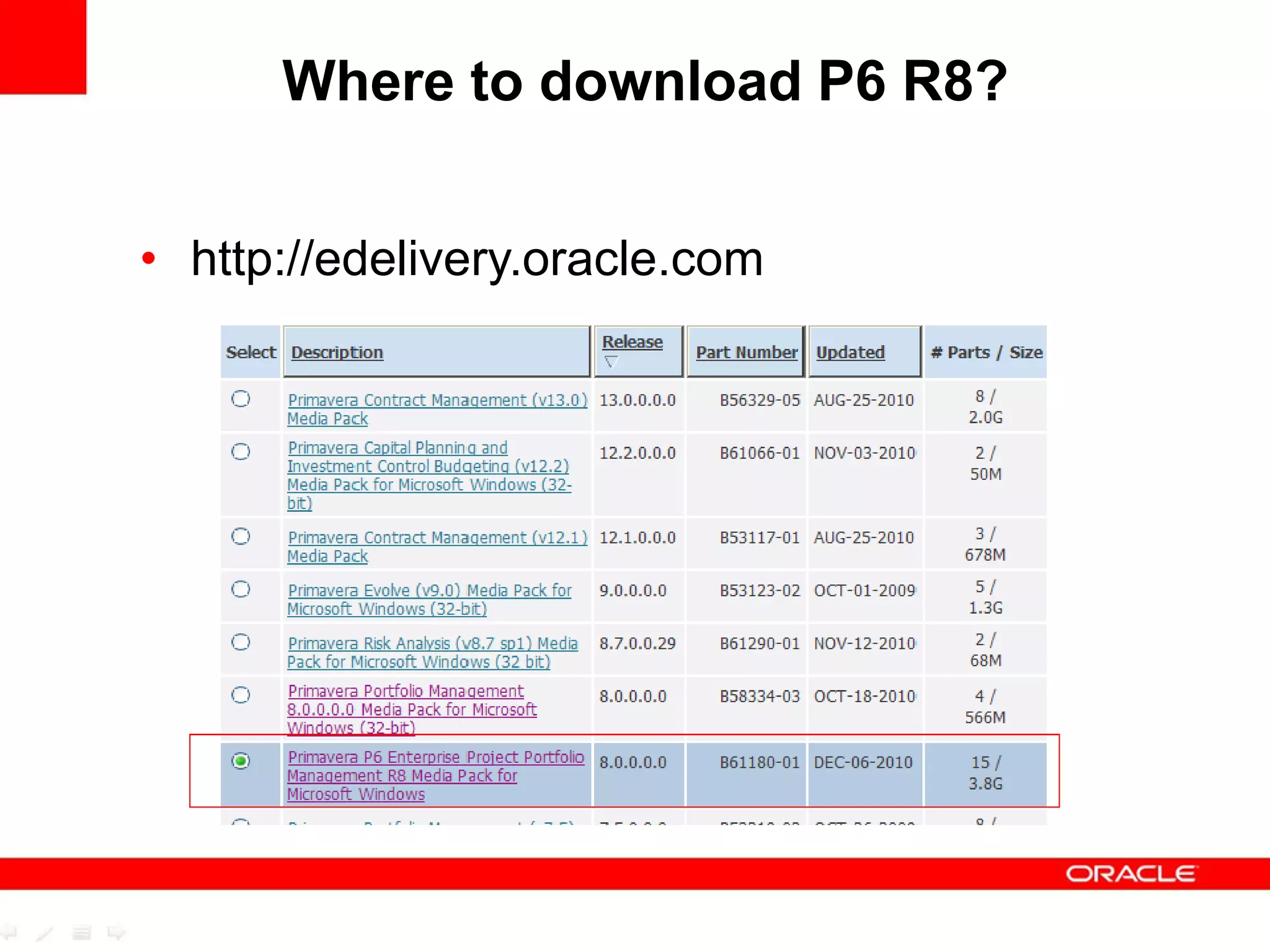 Where to download P6 R8?
• http://edelivery.oracle.com
 