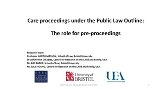 Care proceedings under the Public Law Outline:
The role for pre-proceedings
Research Team:
Professor JUDITH MASSON, School of Law, Bristol University
Dr JONATHAN DICKENS, Centre for Research on the Child and Family, UEA
Ms KAY BADER, School of Law, Bristol University
Ms JULIE YOUNG, Centre for Research on the Child and Family, UEA
1BASPCAN 2015 Edinburgh Masson and Dickens
 