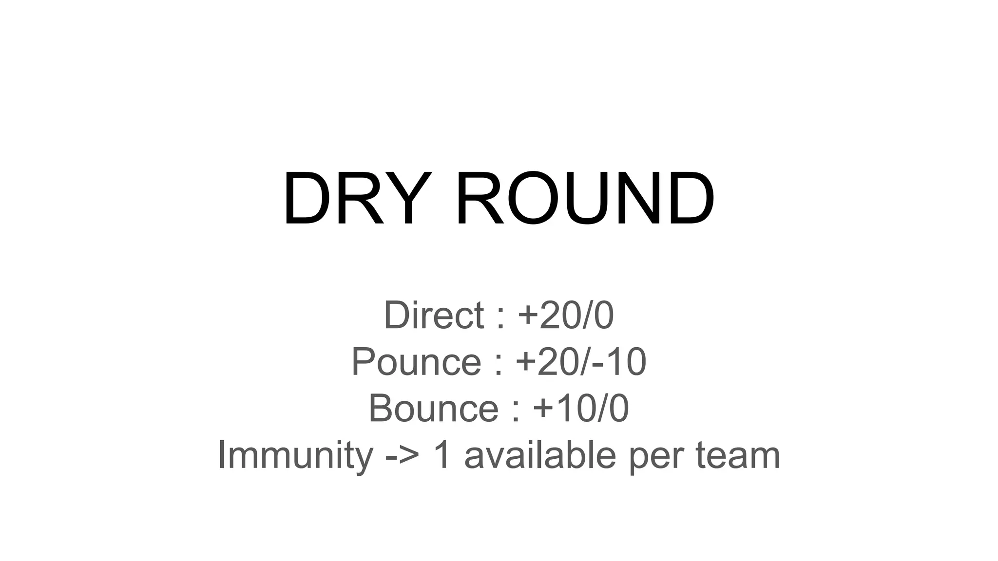 DRY ROUND
Direct : +20/0
Pounce : +20/-10
Bounce : +10/0
Immunity -> 1 available per team
 
