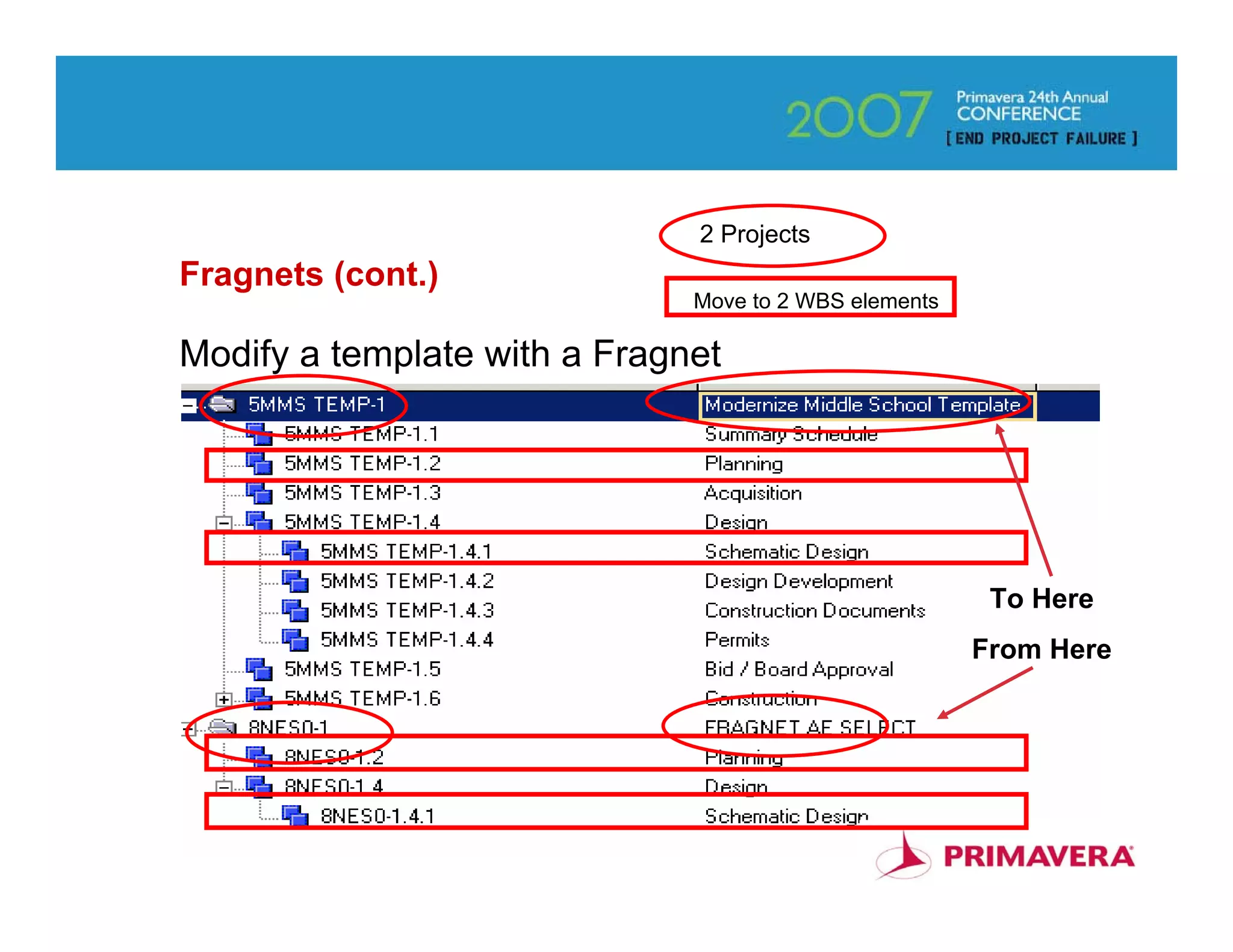 2 Projects
Fragnets (cont.)
                              Move to 2 WBS elements

Modify a template with a Fragnet




                                                        To Here
                                                       From Here




                                                              56
 