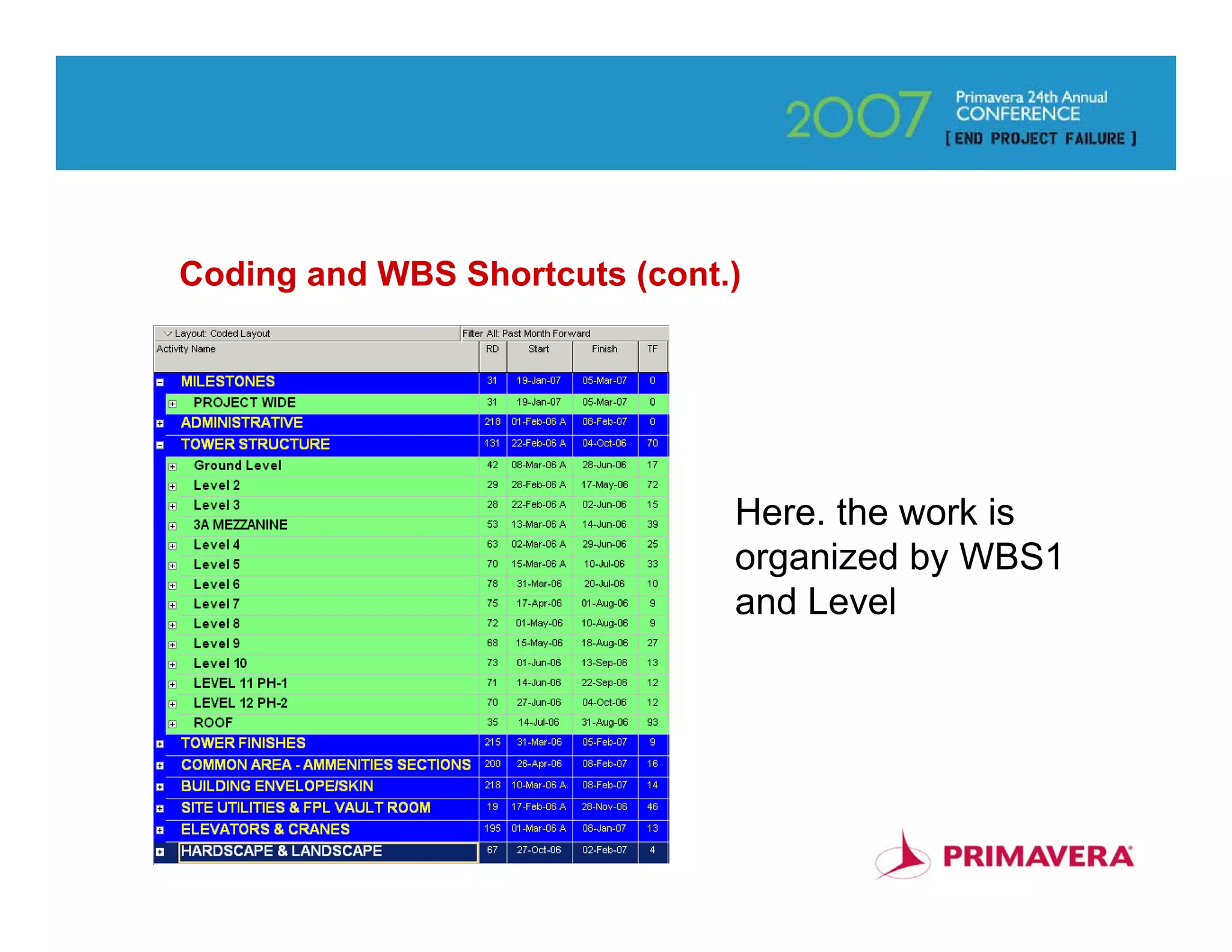Coding and WBS Shortcuts (cont.)




                               Here. the work is
                               organized by WBS1
                               and Level




                                                   62
 