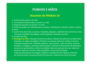 Assuntos do Módulo 16
PUNHOS E MÃOS
1- Anatomia do punho e da mão
2- Comentários clínicos sobre o punho e a mão
3- Diagrama para dor no punho e na mão
4- Sintomas podem ser referidos para o punho e mão desde o cotovelo, ombro e coluna
cervical.
5- Exame físico das mãos e punhos ( Inspeção, palpação, amplitude de movimento, força
muscular, avaliação neurológica, testes especiais, avaliação vascular)
6- Funções da mão
7- Patologias da Mão: infecção da bainha tendínea, infecção da bainha do tendão flexor,
infecções na região interdigital, Infecções nos espaços palmares médios e tenares,
Infecções ocupacionais, infecções pulpares, cisto sinovial, cistos mucosos, tumores
benignos e malígnos, contratura de Dupuytren, nódulos de Bouchard e de Heberden,
artrose dos quirodáctilos, artrite reumatóide, dedo em pescoço de cisne, dedo em
botoeira, dedo em martelo, dedo em gatilho, artrose da articulação
trapeziometacarpiana do polegar, síndrome complexa de dor regional, síndrome
do túnel do carpo, tenossinovite de De Quervain, síndrome do canal de Guyon,
 