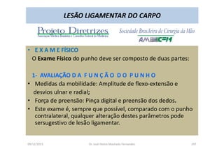09/12/2015 Dr. José Heitor Machado Fernandes 297
LESÃO LIGAMENTAR DO CARPO
• E X A M E FÍSICO
O Exame Físico do punho deve ser composto de duas partes:
1- AVALIAÇÃO D A F U N Ç Ã O D O P U N H O
• Medidas da mobilidade: Amplitude de flexo-extensão e
desvios ulnar e radial;
• Força de preensão: Pinça digital e preensão dos dedos.
• Este exame é, sempre que possível, comparado com o punho
contralateral, qualquer alteração destes parâmetros pode
sersugestivo de lesão ligamentar.
 
