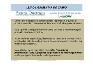 09/12/2015 Dr. José Heitor Machado Fernandes 300
LESÃO LIGAMENTAR DO CARPO
• Deve ser solicitado ao paciente para reproduzir a queixa e
posteriormente o examinador tenta reproduzi-la passivamente.
• Este tipo de sinal geralmente ocorre durante a movimentação
ativa do punho acometido.
• As manobras específicas, descritas na literatura, aumentam a
tensão das estruturas ligamentares, causando dor, ressaltos ou
mobilidade anormal.
• No entanto, deve ficar claro que estas “manobras
provocativas” são sugestivas da presença da lesão ligamentar
e não patognomônicas de lesão ligamentar.
 