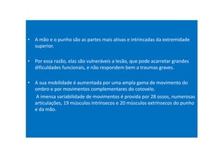 • A mão e o punho são as partes mais ativas e intrincadas da extremidade
superior.
• Por essa razão, elas são vulneráveis a lesão, que pode acarretar grandes
dificuldades funcionais, e não respondem bem a traumas graves.
• A sua mobilidade é aumentada por uma ampla gama de movimento do
ombro e por movimentos complementares do cotovelo.
A imensa variabilidade de movimentos é provida por 28 ossos, numerosas
articulações, 19 músculos intrínsecos e 20 músculos extrínsecos do punho
e da mão.
 
