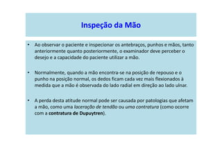 Inspeção da Mão
• Ao observar o paciente e inspecionar os antebraços, punhos e mãos, tanto
anteriormente quanto posteriormente, o examinador deve perceber o
desejo e a capacidade do paciente utilizar a mão.
• Normalmente, quando a mão encontra-se na posição de repouso e o
punho na posição normal, os dedos ficam cada vez mais flexionados à
medida que a mão é observada do lado radial em direção ao lado ulnar.
• A perda desta atitude normal pode ser causada por patologias que afetam
a mão, como uma laceração de tendão ou uma contratura (como ocorre
com a contratura de Dupuytren).
 