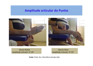 Amplitude articular do Punho
Desvio Radial
Amplitude articular: 0°-20°
Desvio Ulnar
Amplitude articular: 0°-45°
Fonte: Profa. Dra. Sílvia Maria Amado João
 