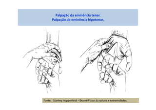 Palpação da eminência tenar.
Palpação da eminência hipotenar.
Fonte: Stanley Hoppenfeld – Exame Físico da coluna e extremidades.
 