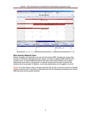 Oracle ‐ This document is intended for information purposes only 
9
New Activity Network View
Project managers and schedulers can now view the project WBS, activities and project logic
through an interactive Web-based activity network. It is easy to collapse WBS elements for a
summary view, or expand WBS elements to drill down to the activity details such as steps,
relationships and resource assignments. Customize activity boxes as well as specify how
activities are to be grouped. In addition, non-driving relationships can be toggled on and off.
Benefit: This view makes it easy to analyze schedule logic at both a summary level and a detailed
activity-by-activity level. It provides an alternative look into the dependencies between the various
WBS elements and the project activities.
 