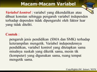 Macam-Macam Variabel
Variabel kontrol : variabel yang dikendalikan atau
dibuat konstan sehingga pengaruh variabel independen
terhadap dependen tidak dipengaruhi oleh faktor luar
yang tidak diteliti.
Contoh :
pengaruh jenis pendidikan (SMA dan SMK) terhadap
keterampilan mengetik. Variabel independennya
pendidikan, variabel kontrol yang ditetapkan sama
misalnya naskah yang diketik sama, mesin tik
(komputer) yang digunakan sama, ruang tempat
mengetik sama.
CopyRight(c)M. Jainuri, M.Pd
 