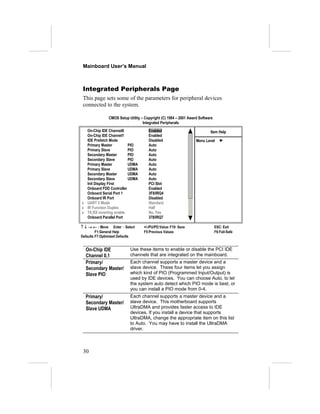 Mainboard User’s Manual



 Integrated Peripherals Page
 This page sets some of the parameters for peripheral devices
 connected to the system.

               CMOS Setup Utility – Copyright (C) 1984 – 2001 Award Software
                                   Integrated Peripherals
  On-Chip IDE Channel0                Enabled                             Item Help
  On-Chip IDE Channel1                Enabled
  IDE Prefetch Mode                   Disabled                    Menu Level
  Primary Master         PIO          Auto
  Primary Slave          PIO          Auto
  Secondary Master       PIO          Auto
  Secondary Slave        PIO          Auto
  Primary Master         UDMA         Auto
  Primary Slave          UDMA         Auto
  Secondary Master       UDMA         Auto
  Secondary Slave        UDMA         Auto
  Init Display First                  PCI Slot
  Onboard FDD Controller              Enabled
  Onboard Serial Port 1               3F8/IRQ4
  Onboard IR Port                     Disabled
x UART 2 Mode                         Standard
x IR Function Duplex                  Half
x TX,RX inverting enable              No, Yes
  Onboard Parallel Port               378/IRQ7

↑ ↓ → ← : Move Enter : Select      +/-/PU/PD:Value: F10: Save                  ESC: Exit
         F1:General Help           F5:Previous Values                          F6:Fail-Safe
Defaults F7:Optimized Defaults


  On-Chip IDE              Use these items to enable or disable the PCI IDE
  Channel 0,1              channels that are integrated on the mainboard.
  Primary/                 Each channel supports a master device and a
  Secondary Master/        slave device. These four items let you assign
  Slave PIO                which kind of PIO (Programmed Input/Output) is
                           used by IDE devices. You can choose Auto, to let
                           the system auto detect which PIO mode is best, or
                           you can install a PIO mode from 0-4.
  Primary/                 Each channel supports a master device and a
  Secondary Master/        slave device. This motherboard supports
  Slave UDMA               UltraDMA and provides faster access to IDE
                           devices. If you install a device that supports
                           UltraDMA, change the appropriate item on this list
                           to Auto. You may have to install the UltraDMA
                           driver.



 30
 