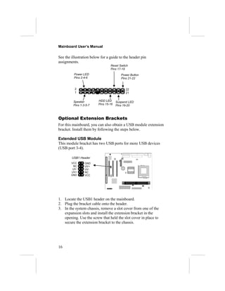 Mainboard User’s Manual

See the illustration below for a guide to the header pin
assignments.
                                 Reset Switch
                                 Pins 17-18
          Power LED                      Power Button
          Pins 2-4-6                     Pins 21-22


          2                                 22
          1                                 21


         Speaker         HDD LED      Suspend LED
         Pins 1-3-5-7    Pins 15-16   Pins 19-20



Optional Extension Brackets
For this mainboard, you can also obtain a USB module extension
bracket. Install them by following the steps below.

Extended USB Module
This module bracket has two USB ports for more USB devices
(USB port 3-4).

        USB1 Header
        Header
        VCC      GND
         NC      UV+
         UV-     UV-
        UV+      NC
        GND      VCC




1. Locate the USB1 header on the mainboard.
2. Plug the bracket cable onto the header.
3. In the system chassis, remove a slot cover from one of the
   expansion slots and install the extension bracket in the
   opening. Use the screw that held the slot cover in place to
   secure the extension bracket to the chassis.




16
 