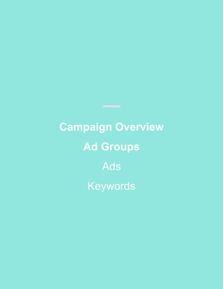 Campaign Overview
Ad Groups
Ads
Keywords
 