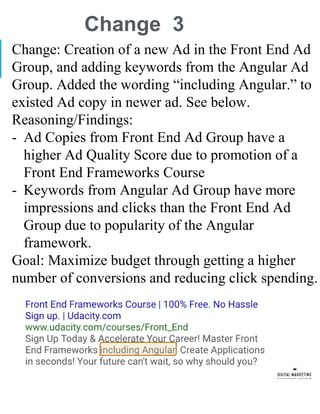 Results from Change 1 - 3
- Increase in number of conversions from 0-2 per
day, to 4 per day.
- Maximized Ad spending thro...