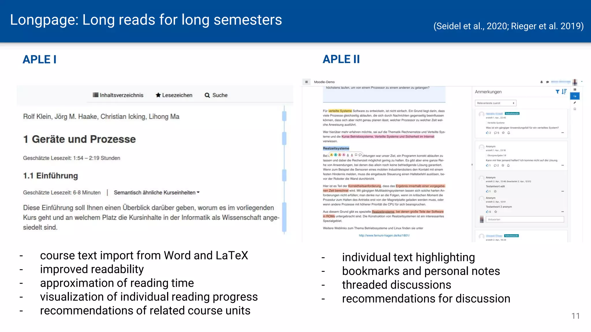 Longpage: Long reads for long semesters
- course text import from Word and LaTeX
- improved readability
- approximation of reading time
- visualization of individual reading progress
- recommendations of related course units
- individual text highlighting
- bookmarks and personal notes
- threaded discussions
- recommendations for discussion
APLE I APLE II
11
(Seidel et al., 2020; Rieger et al. 2019)
 