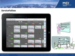 ServiceFollow




August 24, 2012   Using mobile ethnography to map the visitor experience of mega sports events   14
 