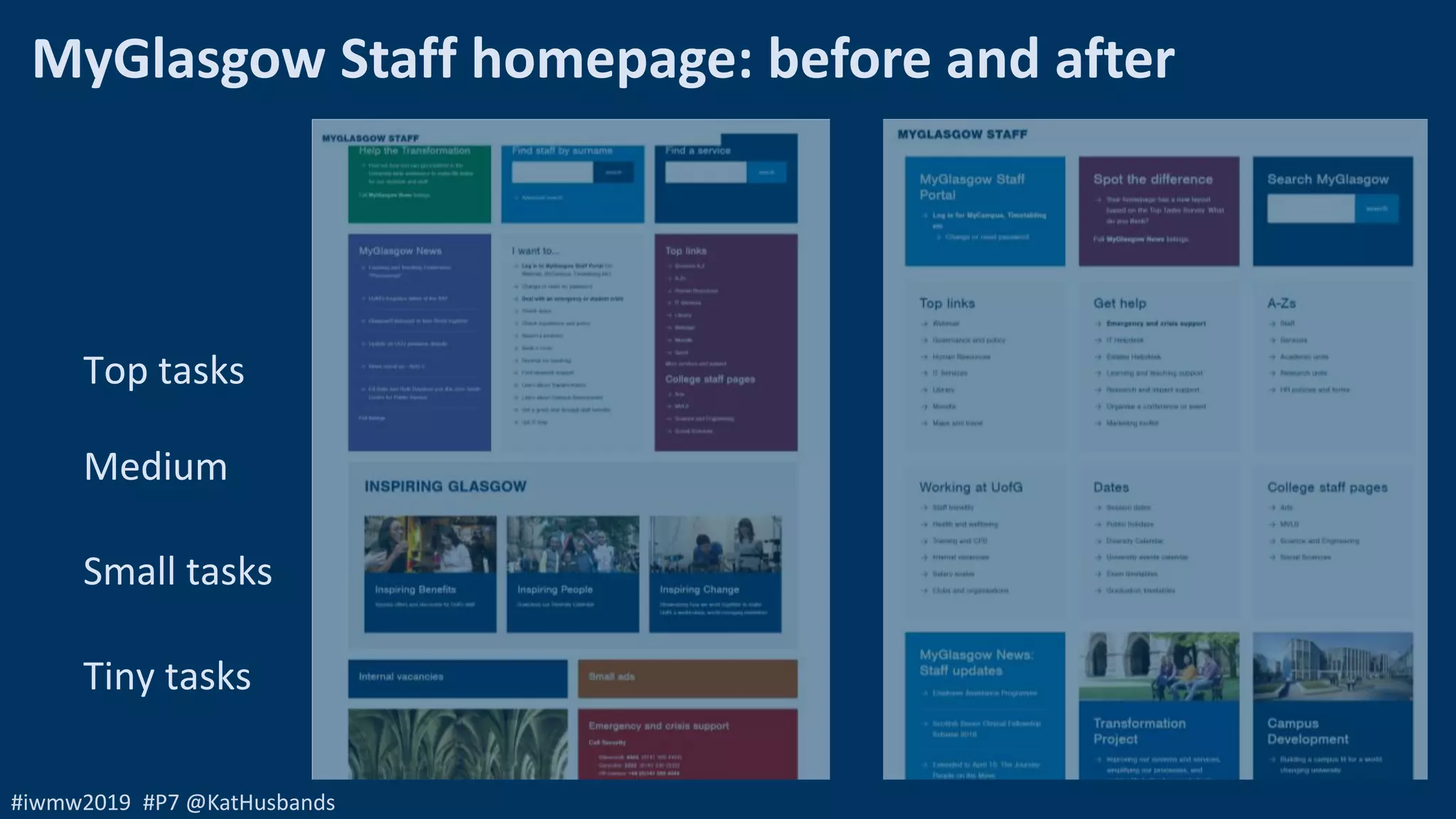 #iwmw2019 #P7 @KatHusbands
Top tasks
Medium
Small tasks
Tiny tasks
MyGlasgow Staff homepage: before and after
 